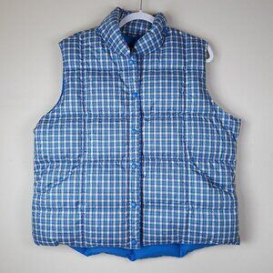 Lands' End Down Puffer Vest XL (18-20) Blue Plaid Mock Neck Snap Button